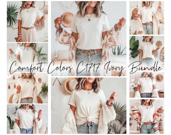 Puede incluir: Una colección de fotos que muestran una camiseta blanca, de color marfil, de manga corta. La camiseta se muestra estilizada de diferentes maneras con varios accesorios y fondos. El texto "Comfort Colors C1717 Ivory Bundle" se muestra en la imagen.