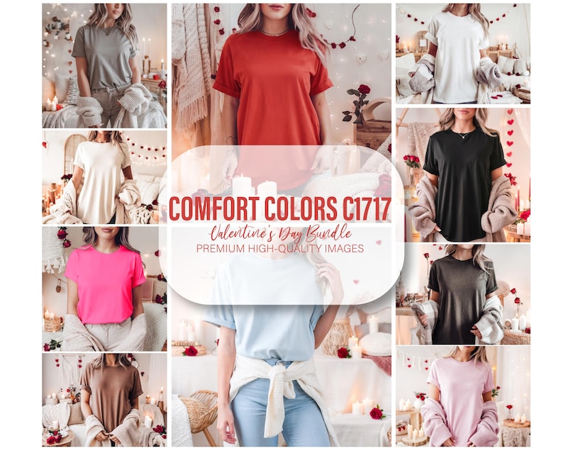 May include: A collection of ten different colored t-shirts, all featuring a crew neck and short sleeves. The t-shirts are arranged in a collage format, with each t-shirt displayed on a different model. The t-shirts are all made of a soft, comfortable fabric and are perfect for everyday wear.  "Comfort Colors C1717 Valentine's Day Bundle Premium High-Quality Images"