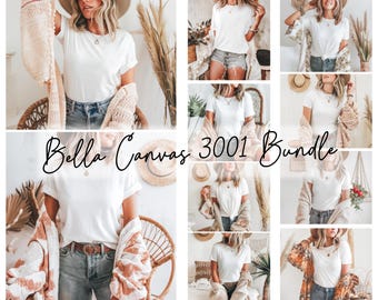 Puede incluir: Un collage de fotos que muestran una camiseta blanca con diferentes estilos. La camiseta se muestra con una variedad de accesorios y fondos, incluyendo un sombrero de paja, un cárdigan y un kimono floral. El texto "Bella Canvas 3001 Bundle" se muestra en el centro del collage.