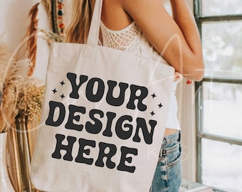Canvas Tote Bag Mockup, Natural Shopping Bag Mockup, High-Res Blank Tote Mockup, Boho Woman Model Digital Mockup Template Print On Demand