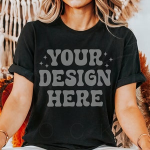 Boho Black T-Shirt Mockup, Bella Canvas 3001 Black Tee, Aesthetic Woman Model Mockup, Bohemian Chic Black Shirt Mockup Tee Shirt Mockup BC
