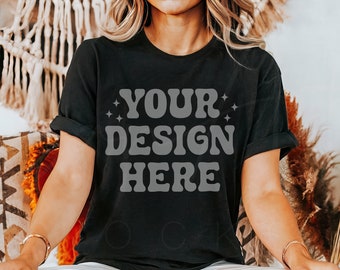 Boho Black T-Shirt Mockup, Bella Canvas 3001 Black Tee, Aesthetic Woman Model Mockup, Bohemian Chic Black Shirt Mockup Tee Shirt Mockup BC