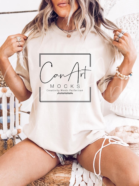 Gildan 5000 Sand T-Shirt Mockup with Boho Styling, Neutral Beige Tee Minimalist Fashion Branding Digital Mockup for POD Merch Sellers