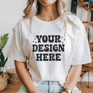 Gildan 6400 White Shirt Mockup, Trendy T-Shirt Model Mockup, Gildan Mockup Shir, Mock Up White Gildan, Gildan Tee Showcase, Model Mockup