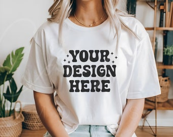 Gildan 6400 wit overhemdmodel, trendy T-shirtmodel, Gildan-model shirt, mock-up wit Gildan, Gildan-T-showcase, modelmodel