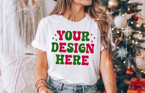Christmas Shirt Mockup, Bella Canvas 3001 White T-Shirt Mockup, Holiday Mockup, BC 3001 White Tee Shirt Mockup, Xmas Mockup Boho Woman Model