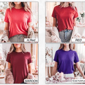 May include: Four women wearing different colored t-shirts. The shirts are in the colors:  H.Red, Red, Maroon, and Team Purple.