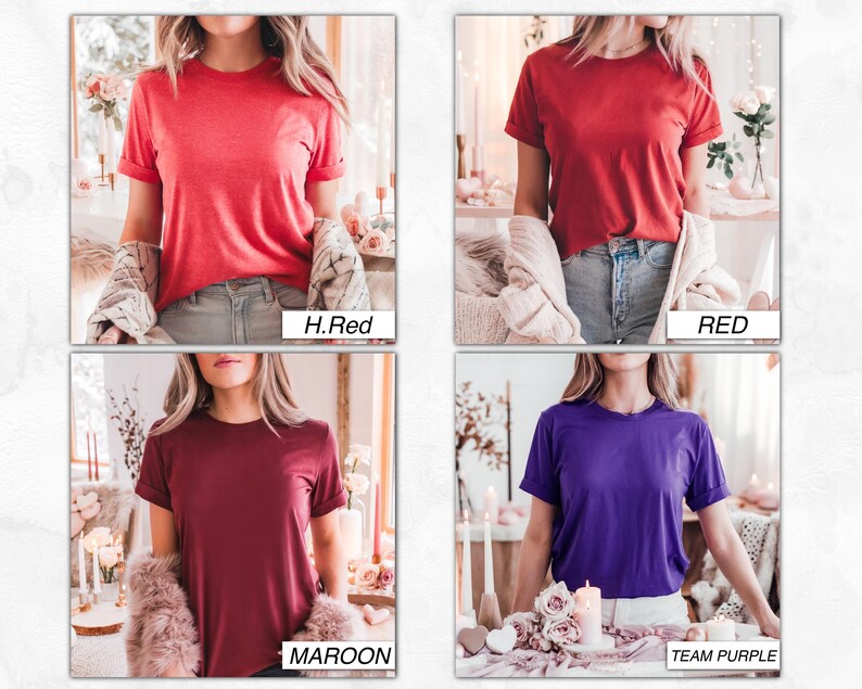 May include: Four women wearing different colored t-shirts. The shirts are in the colors:  H.Red, Red, Maroon, and Team Purple.