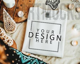 White Gildan 18000 Christmas Sweatshirt Mockup, Cozy Flatlay Crewneck for Holiday Season, Unisex Winter Pullover Display Photo Scene