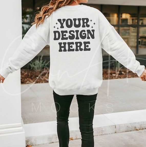 White Sweater Back Mockup, Gildan 18000 Crewneck Back View Mock,Blank Sweater Mockup, Sweater Print-On-Demand Mock, Apparel Branding Mockup