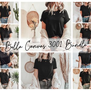 Maqueta de camiseta negra Bella Canvas 3001, plantilla de maqueta de POD, maqueta de ropa, modelo bohemio de mujer, descarga digital instantánea