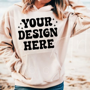 Gildan 18500 Sand Hoodie Mockup, Blank, Sand Sweatshirt Mockup, Gildan 18500 Boho Woman Model Fall Crewneck Mockup, Blank Gildan Mockup