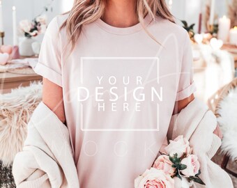 Bella Canvas 3001 Soft Pink Mockup, Valentines Day Pink T-Shirt Mockup for Print O Demand Woman Model High-Quality Trendy Mockup Download