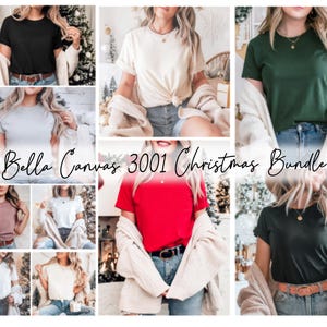 Bella Canvas 3001 Weihnachten T-Shirt Mockup Bundle für Print On Demand, Urlaub Mockup Bundle, Frau Modell Mockup, digitaler Sofort Download