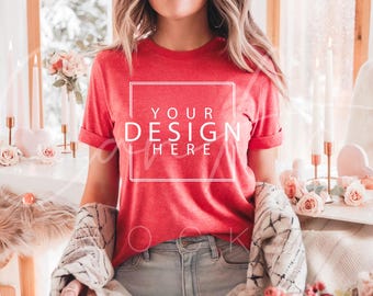 Bella Canvas 3001 Heather Red Mockup, Valentines Day Heather Red T-Shirt Mockup for Print O Demand, Woman Model High-Quality Trendy Mockup