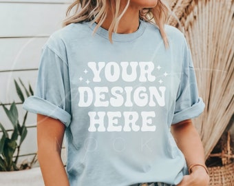 Bella Canvas 3001 Mockup, Light Blue Mockup, Boho Tee Shirt Woman Model Mockup Light Blue T-Shirt Mockup, Unisex t-shirt Mockup Blue Shirt