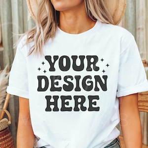 Bella Canvas wit T-shirt mockup uniseks wit T-shirt mockup hoge resolutie boho vrouw model mockup, leeg wit T-shirt mockup, casual mockup