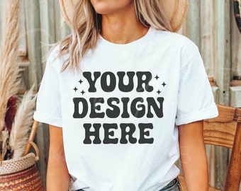 Bella Canvas White T-Shirt Mockup Unisex White Tee Mockup High-Resolution Boho Woman Model Mockup, Blank White T-Shirt Mockup, Casual Mockup