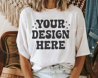 Comfort Colors White C1717 Mockup, Oversized T-Shirt Mockup, CC1717 Mockup, White Shirt Mockup, Boho Woman Model, High-Resolution Digital