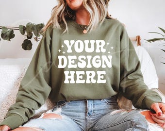 Gildan 18000 Military Green Mockup, Crewneck Sweatshirt Mockup, G180 Mockup Woman Model Mockup Green Sweater Blank Mockup Template Download