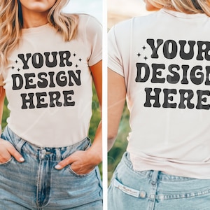 Bella Canvas 3001 Mockup, Natural Color T-Shirt Mockup, Front and Back BC 3001 Mockup, Front Back View Split Mock-up Boho Woman Model Mockup
