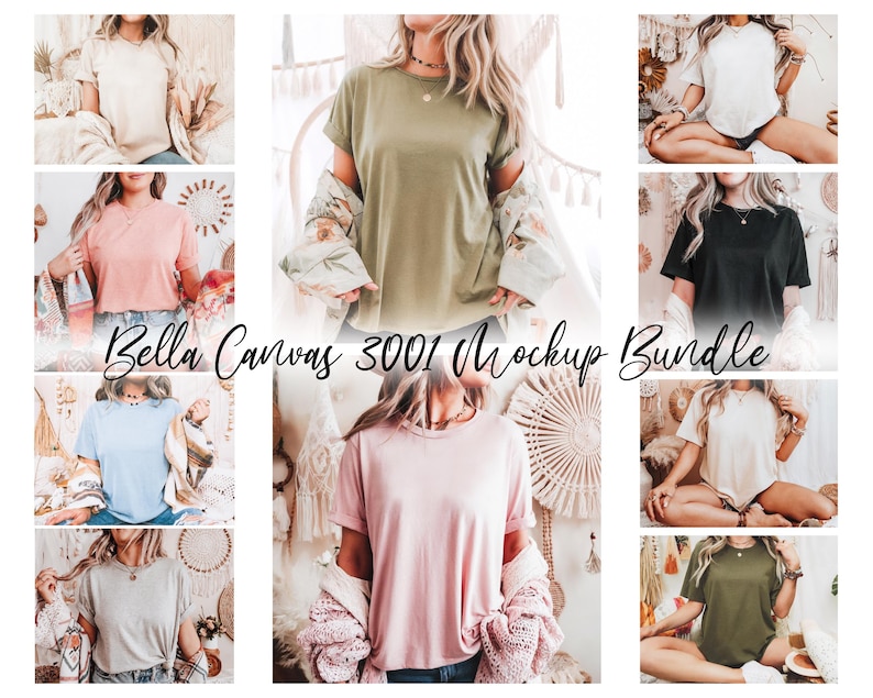 May include: A mockup bundle of 10 Bella Canvas 3001 t-shirts in various colors, including white, black, light blue, pink, and green. The t-shirts are shown on models in a variety of poses.