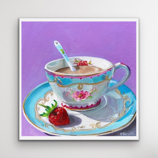 Strawberry Teacup Giclee Print, English Breakfast, Food Art, Teatime, Bed and Breakfast Art, English Tea, Fancy Teacup, Tea with Milk