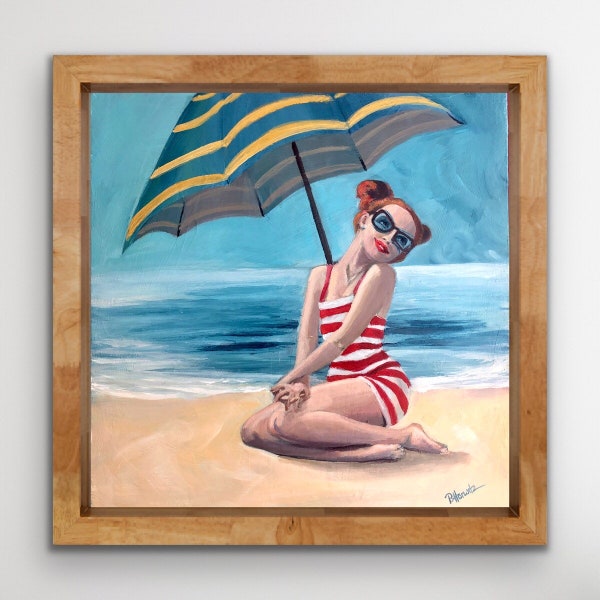 ORIGINAL Acrylic Painting, Acrylic on wood, Acrylic original painting, Beach painting, 40's style art, Summer acrylic artwork, Beach art