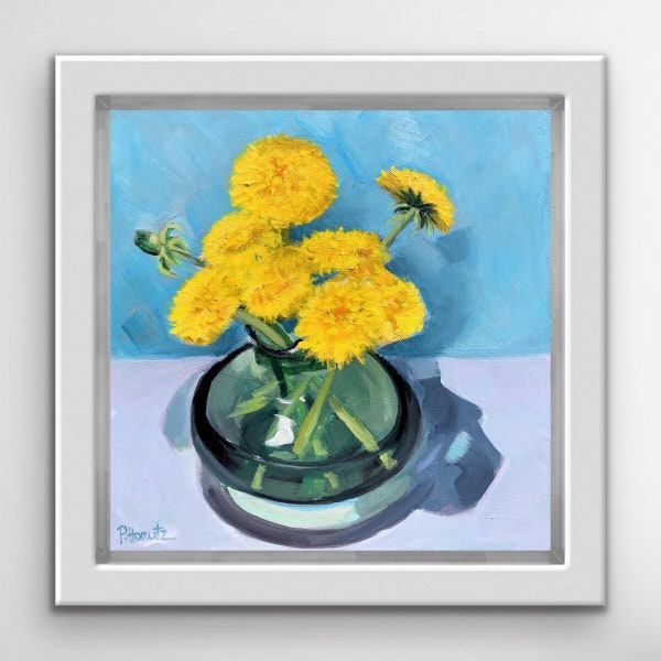 ORIGINAL Dandelion Acrylic Painting, Still life Yellow flower art, Wildflowers vase painting, Bouquet of dandelions