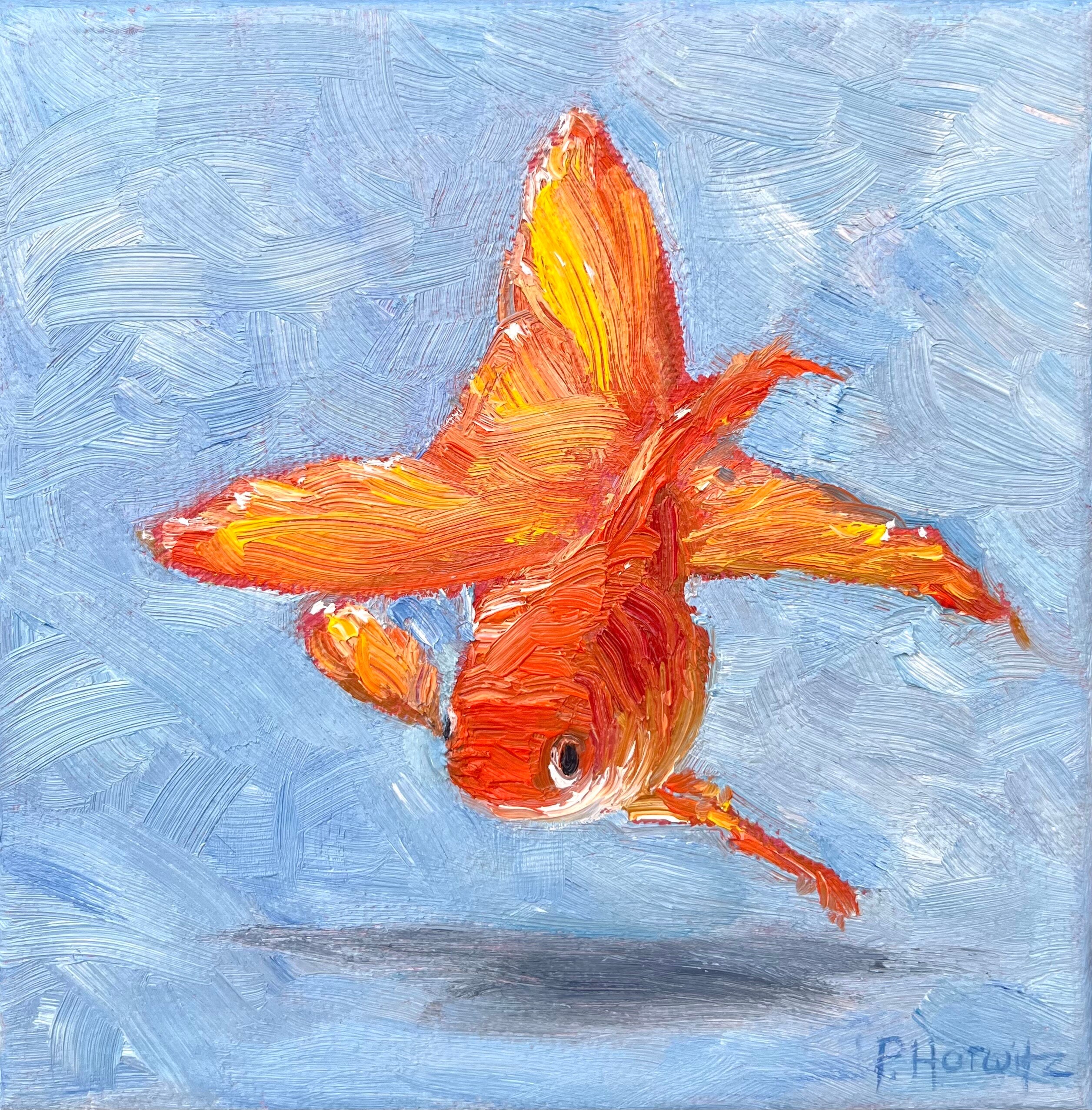 ファンテール金魚の油絵：質感のある魚のアート 海洋生物（6×6インチ