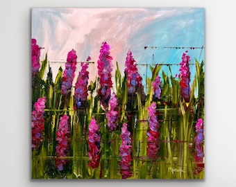 Wildflower Oil Painting l Floral Artwork l Pink and Blue Artwork l Loosestrife Flowers Closeup l Feminine Artwork l Colorful Flower Art