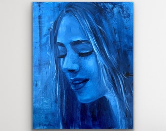 Retrato al óleo original: Arte femenino monocromático azul (8 x 10 pulgadas)