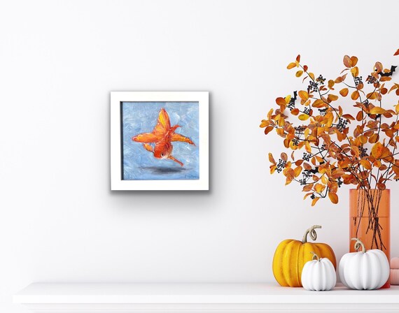 ファンテール金魚の油絵：質感のある魚のアート 海洋生物（6×6インチ