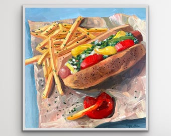 Chicago Hot Dog & Fries Giclée Print: Chicago-Style Food Art