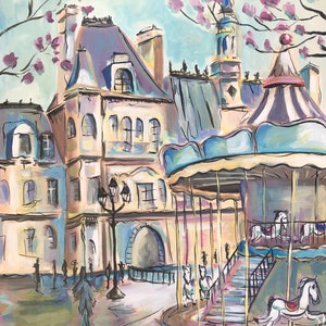 French Carousel Giclee Print l French Art l French Carousel l French architecture l French Theme Art l Pastel Colors l Whimsical Art