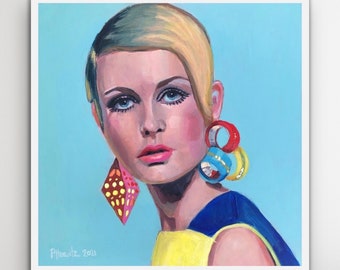 Twiggy Giclee Print, 1960's Fashion Icon, Colorful Art Print, Home Decor, Portrait Art, Twiggy Artwork, Yellow Blue Red Artwork, 60s Fashion