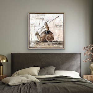 Medieval Style Giclee Print l Rabbit Riding a Snail Artwork l Medieval Inspired Artwork l Neutral Color Palette l Medieval Art