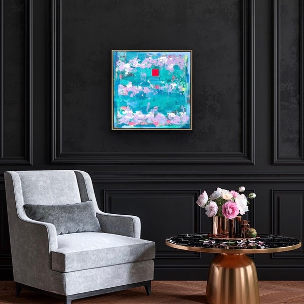 Turquoise and Pink Abstract Painting l Hot Pink Square l Designer Art l Home Decor Abstract Art l Large Abstract Painting Framed