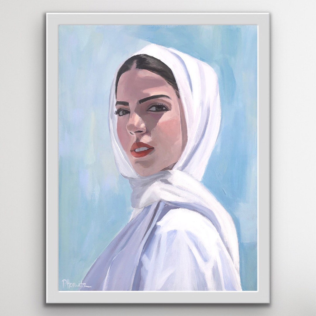 Woman in White Headscarf Painting L Female Portrait L Strong Female