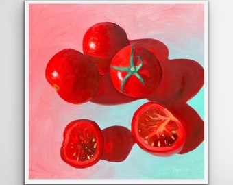 May include: A painting of red tomatoes on a pink and blue background. The tomatoes are whole and sliced in half. The painting is signed "Pynuta".