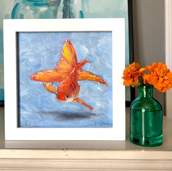 ファンテール金魚の油絵：質感のある魚のアート 海洋生物（6×6インチ