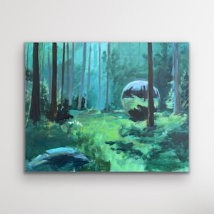 May include: An oil painting of a forest scene with tall trees and a large, reflective sphere. The artwork features a palette of greens and blues, with a focus on the interplay of light and shadow within the woodland setting. The painting evokes a sense of depth and tranquility.