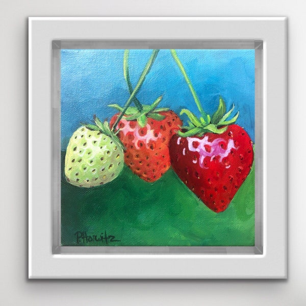 ORIGINAL Strawberry Acrylic Painting, Strawberry painting, Shiny Strawberry painting, Strawberry art, Home decor art, Red strawberry art