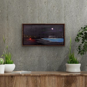 Night Bonfire Oil Painting: Moonlit Landscape Art (10x20 inch)