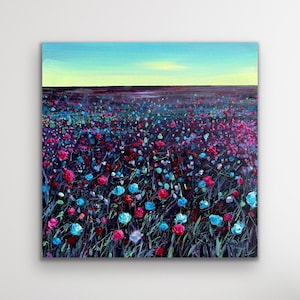 Violet Meadow Painting: Colorful Floral Landscape, 10x10 Abstract Artwork