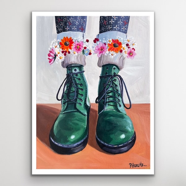 Green Doc Martens Giclee Print l Doc Marten Green Boots l Whimsical Artwork l Doc Marten Boots l Flower Socks Art l Trendy Art l Designer