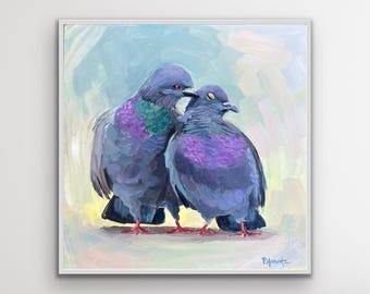 Pigeon Art l Cute Pigeons l Pigeon Love l Colorful Pigeon Art l Pigeon Print l Love Birds l Kisses l Valentine l Home Decor l Bird Art