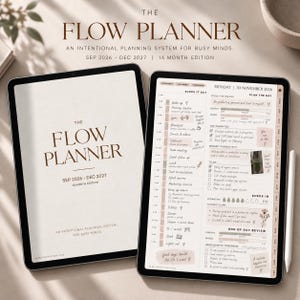 Puede incluir: Dos tabletas que muestran The Flow Planner, un sistema de planificación digital de 16 meses desde septiembre de 2026 hasta diciembre de 2027. La pantalla izquierda muestra la portada y la derecha un horario diario para el 30 de noviembre.