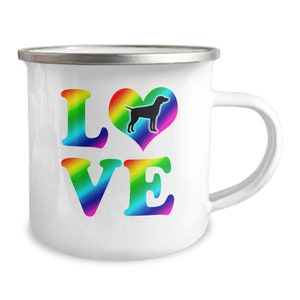 May include: White enamel mug with a rainbow colored "LOVE" design. The "O" is replaced with a rainbow heart containing a black silhouette of a dog.