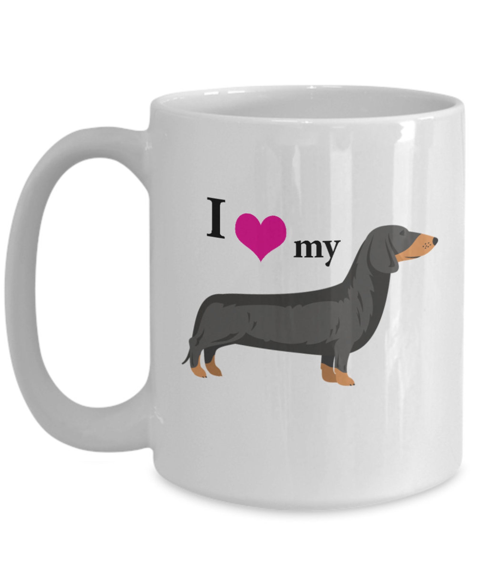 I Love Sausage Dog Coffee Mug – 11oz Ceramic – Dachshund Lover Gift – Novelty Black Cup